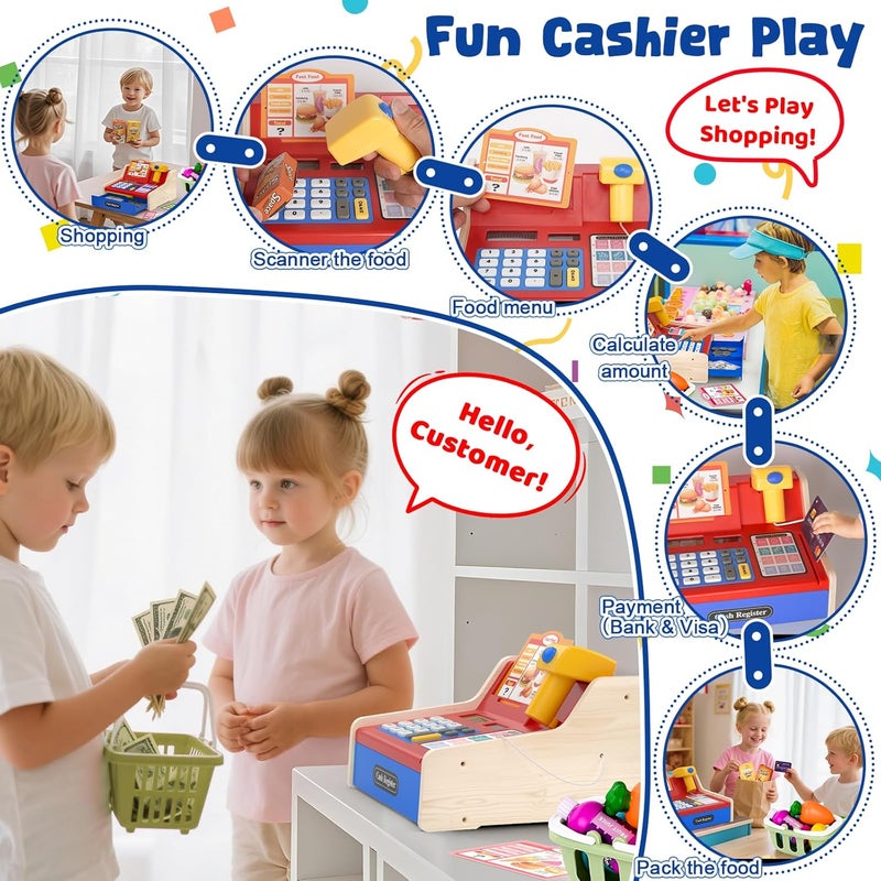 maysida Store Rechargeable Wooden Cash Register for Kids, Pretend Play Calculator Cash Register Toys with Scanner, Play Money&Credit Card, Play Cash Register, Toddler Boys Girls Age 2-4 4-8 - Image 2